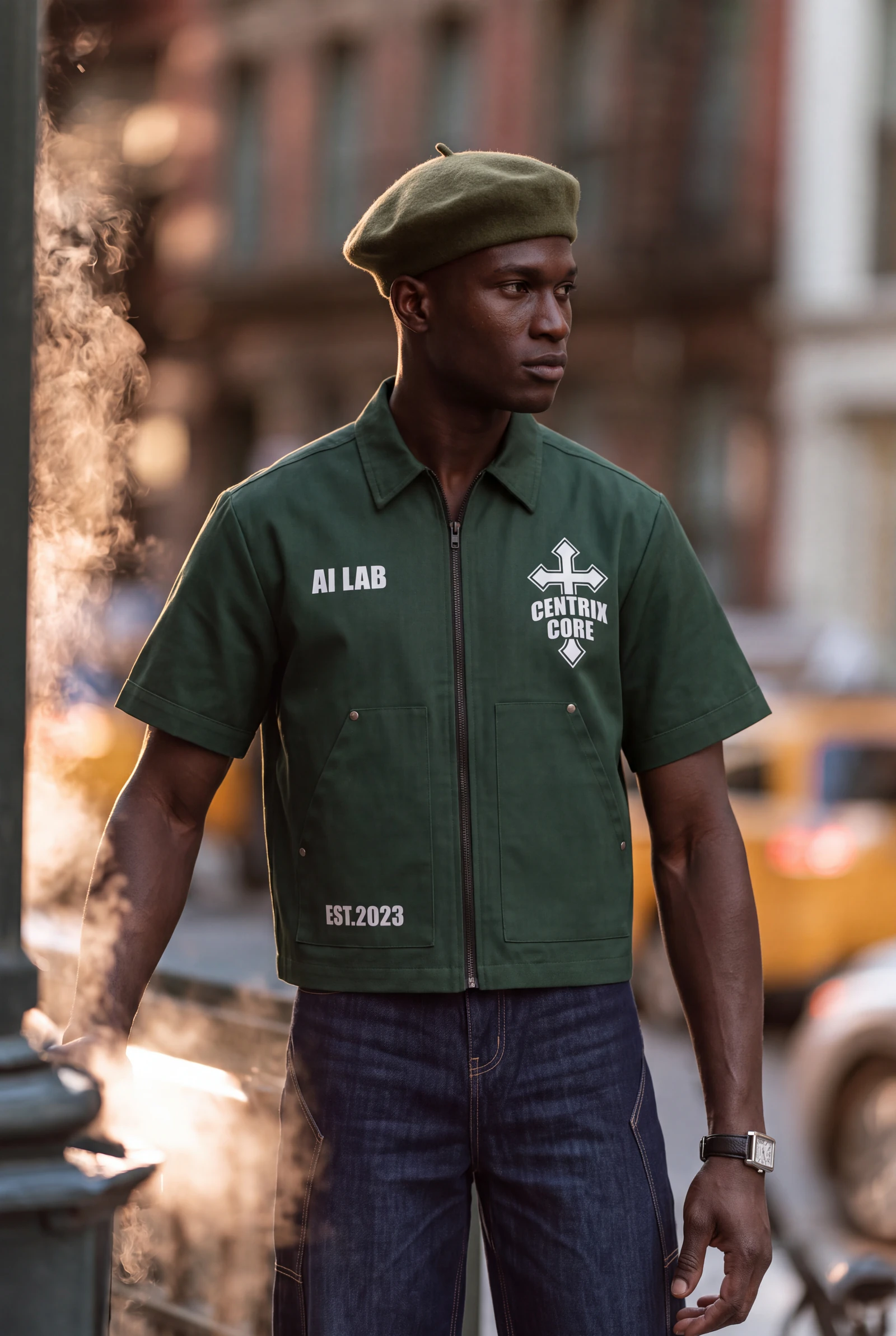 Sobrecamisa Verde Bosque: campaña de moda masculina en teatro y calle · de la ópera al taxi (4 de 5) — Centrix Core