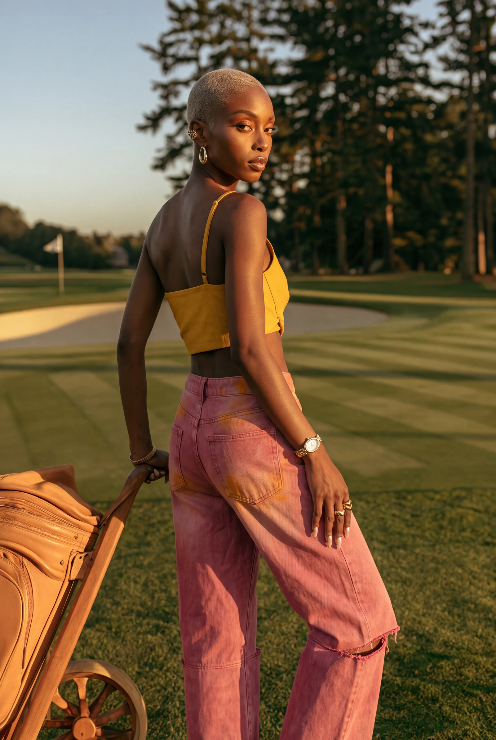 Mostaza y Denim Rosa: campaña de moda femenina en campo de golf · última hora de la tarde (2 de 5) — Centrix Core
