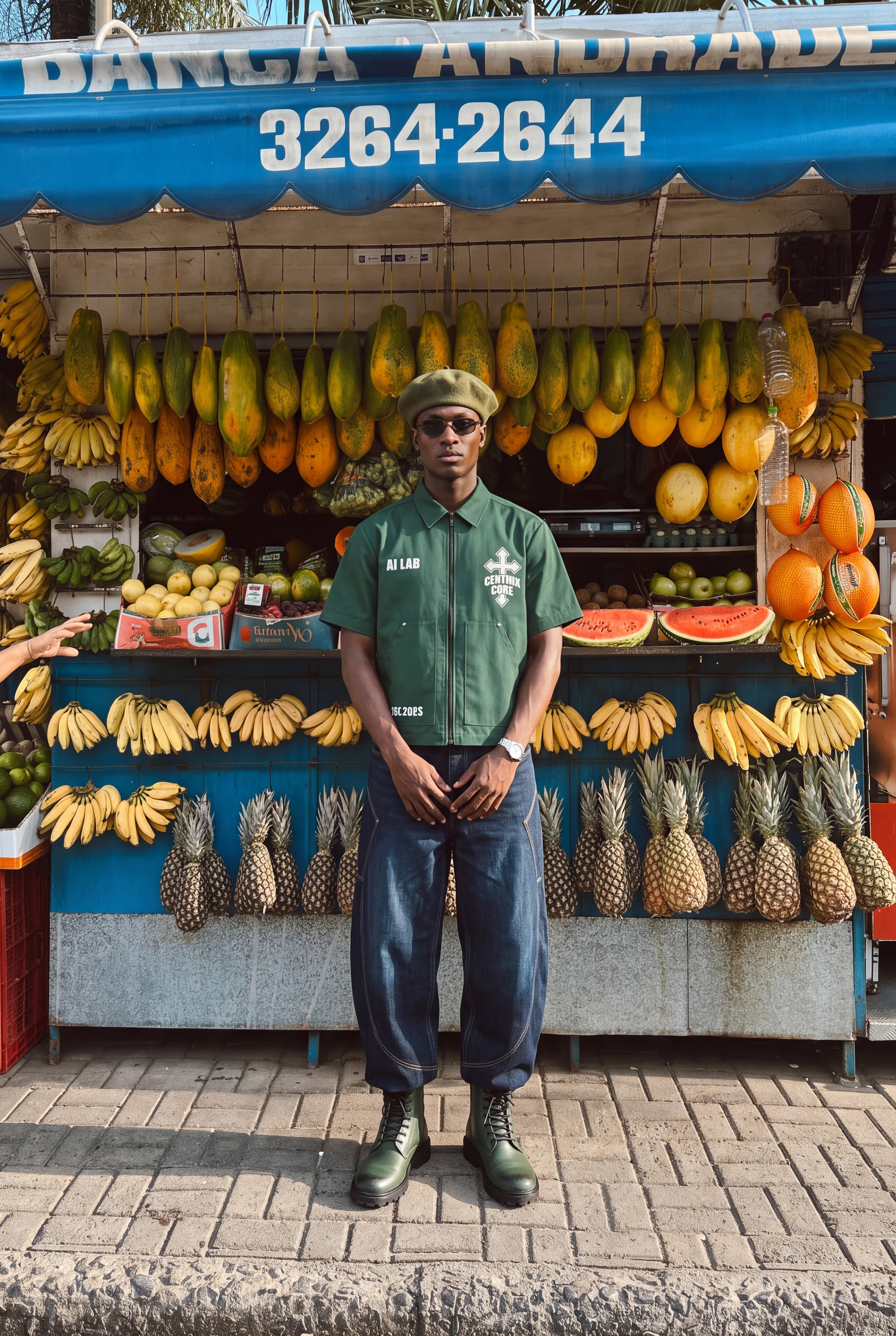 Sobrecamisa Verde Bosque: la misma prenda en registro cotidiano, mercado, puesto de fruta — contenido de marca generado con IA por Centrix Core